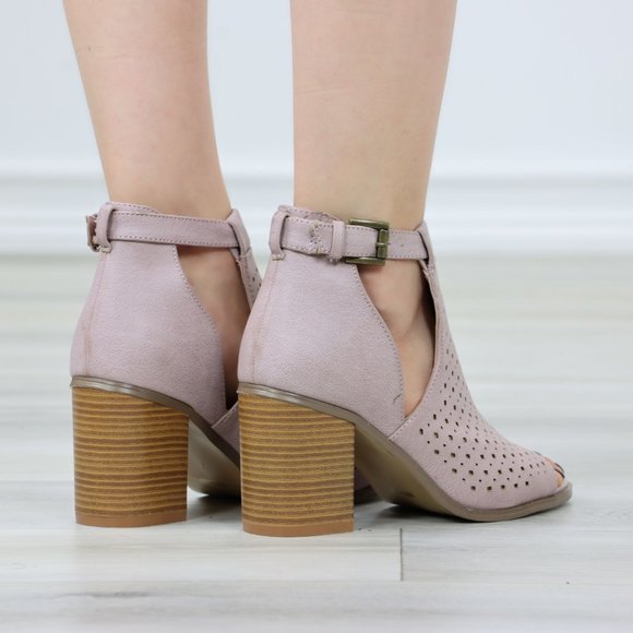 Peep Toe Mauve Faux Leather Heeled Ankle Booties - Picture 6 of 11